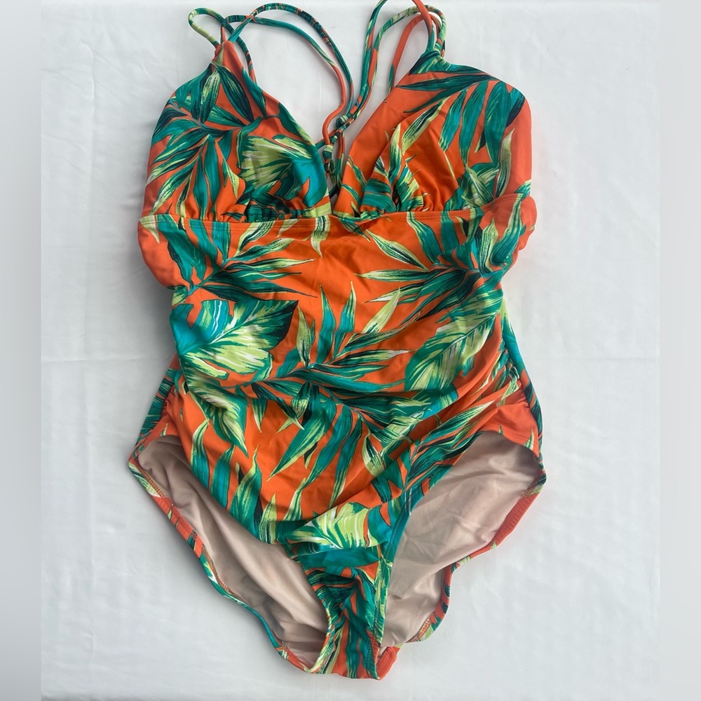 Merona Women’s XL Tropical Orange and Green One Piece Swimsuit